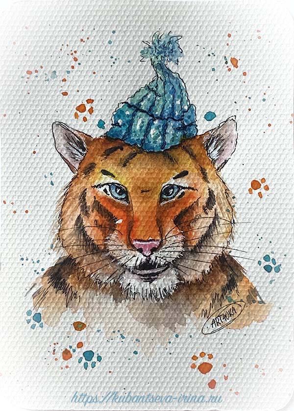 рисунок новогоднего тигра акварелью мастер класс